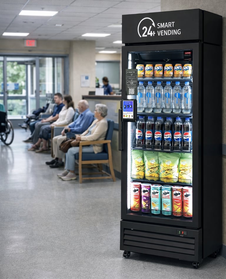 Selection of healthy snacks and protein bars inside a modern vending machine in Boca Raton
