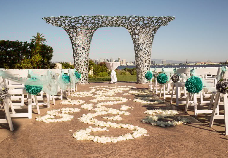  wedding arbor at Tom Ham's Lighthouse overlooking San Diego Harbor and skyline