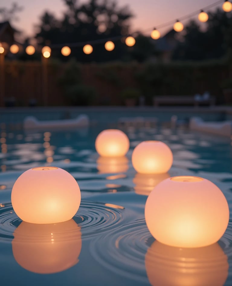four glowing round solar lights floating in an above ground pool at dusk, soft pink and amber color 