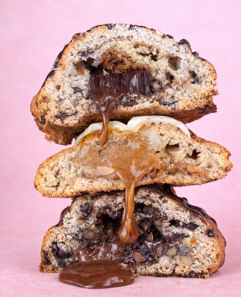 New York cookies apiladas con relleno chorreando