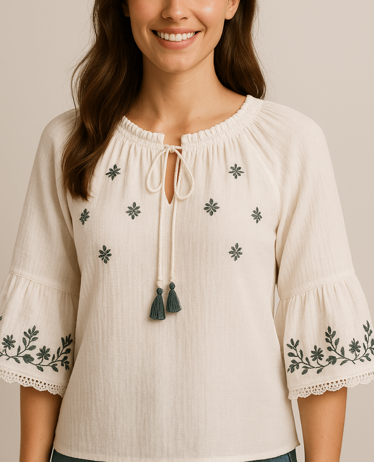 a woman in a white blouse and jeans jeans