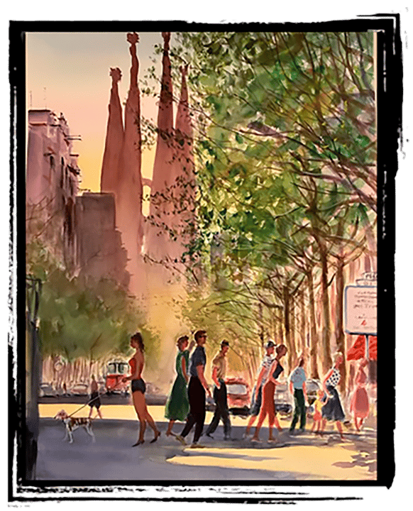 a watercolor painting of a peaple walking barcelona