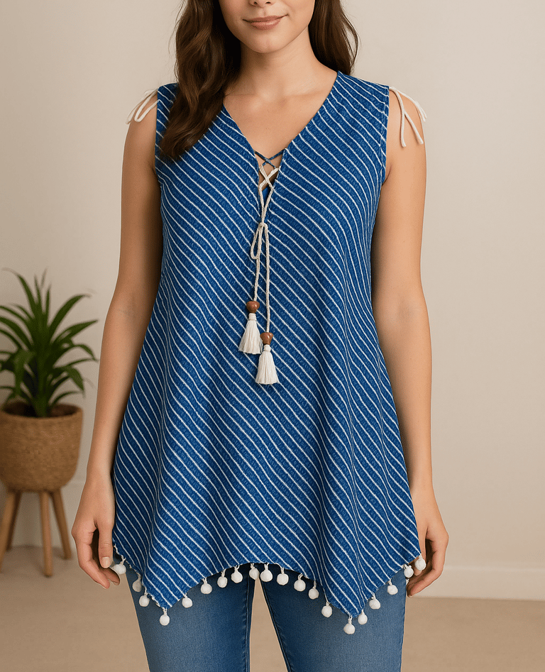 a woman in a blue top with a white top and jeans