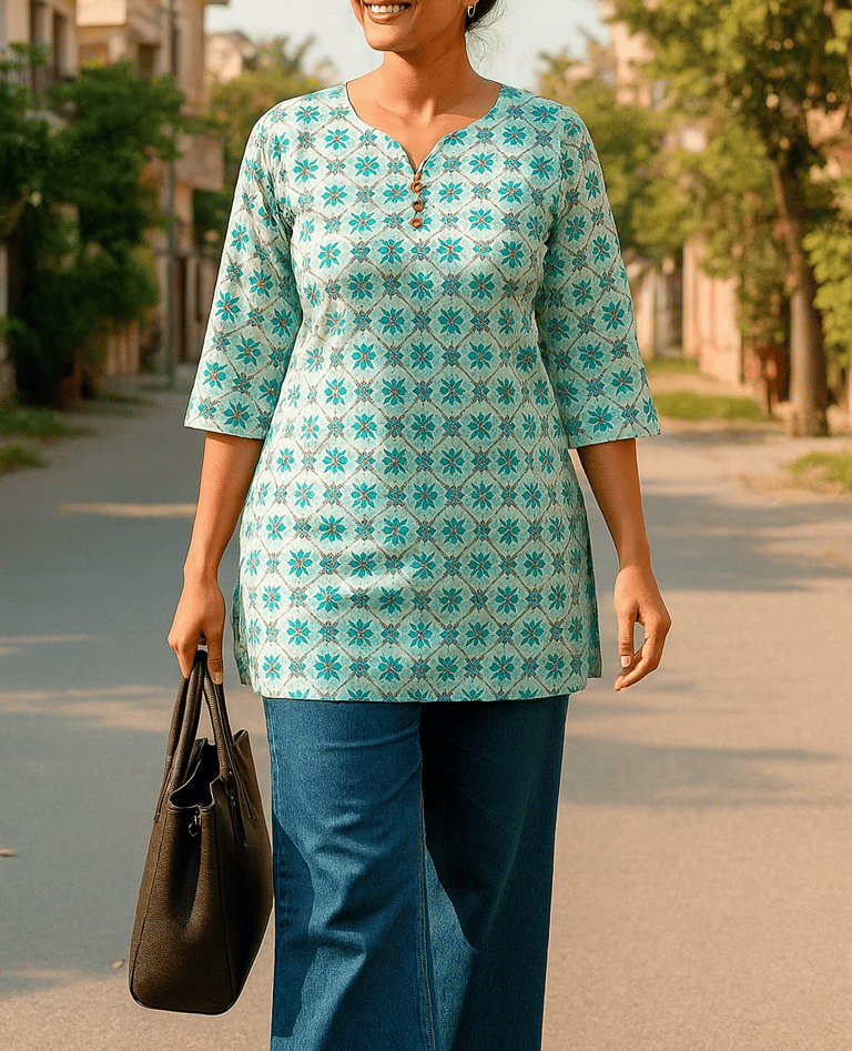 a woman in a blue dress and a black purse