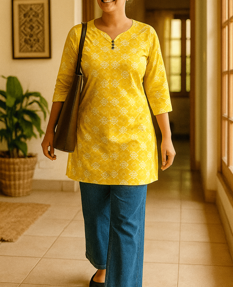 a woman in a yellow dress and blue jeans