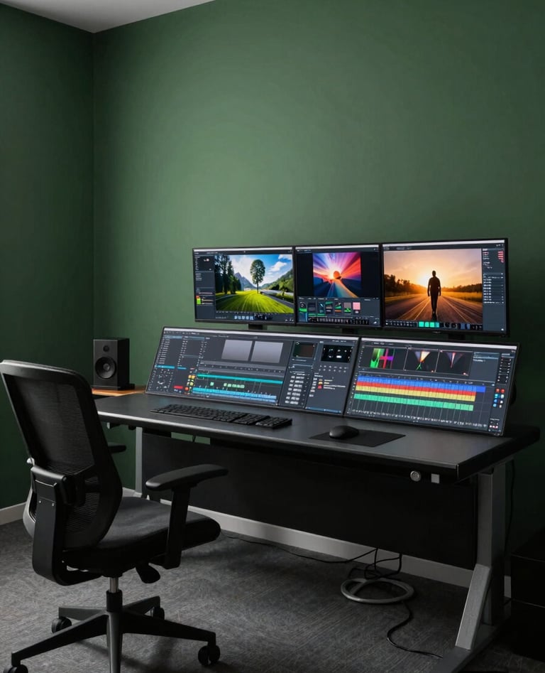 A wide-angle, professional photograph of a contemporary video editing suite. The room is styled in Midnight Green with ergonomic furniture and dual monitors displaying vibrant, cutting-edge creative projects.