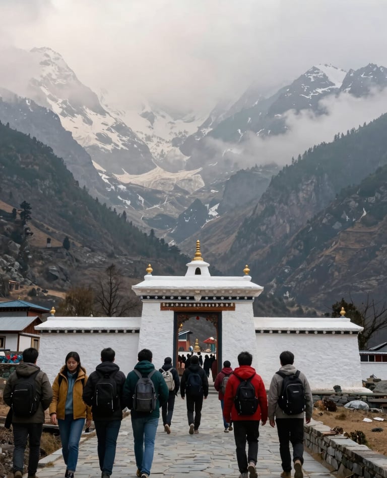 Wide environmental shot across a misty Himalayan valley in Nepal, a group of travelers on a stone pathway in the foreground walking toward a whitewashed temple gate, overcast morning light, mountains filling the background