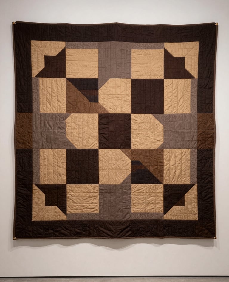 A wide, professional photograph of a large, modern quilt hanging on a soft off-white gallery wall. The quilt features a complex geometric pattern using blocks of dark espresso, muted taupe, and warm sand fabrics.