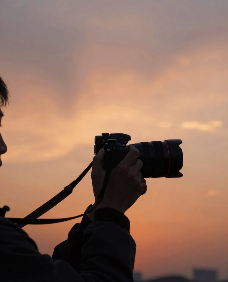 A lifestyle photographer silhouetted against a setting sun, holding a camera in a cinematic, outdoor environment. The sky is filled with warm terracotta and soft sand colors.