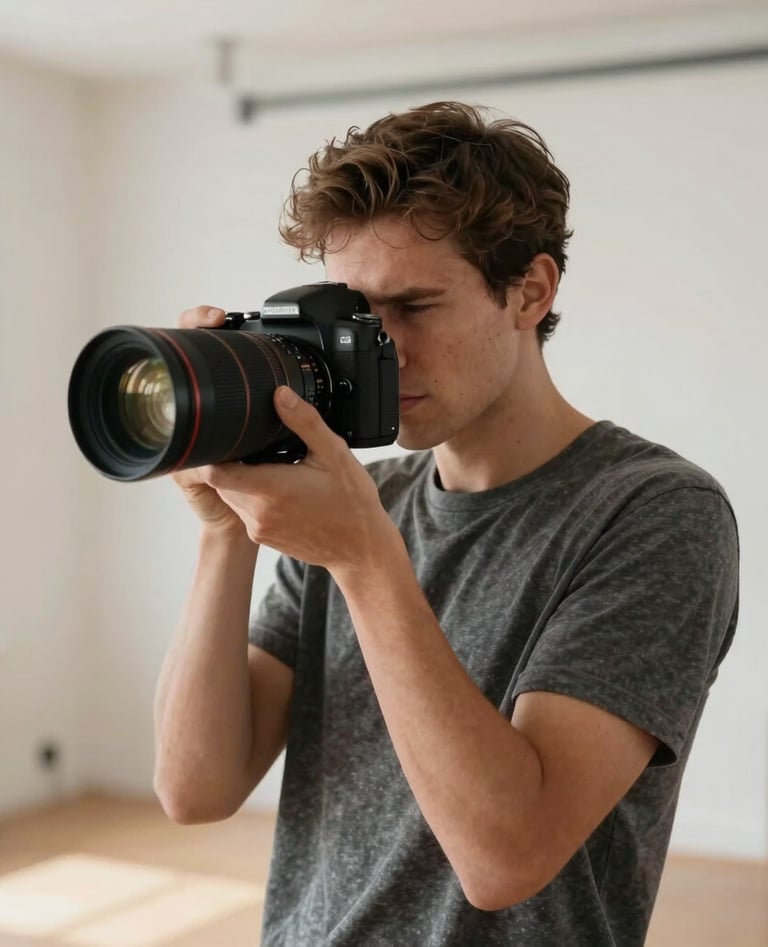 A minimalist, high-quality portrait of a professional photographer in a bright, modern studio with clean lines and a warm, human feel. North American / Canadian aesthetic with soft, natural lighting.