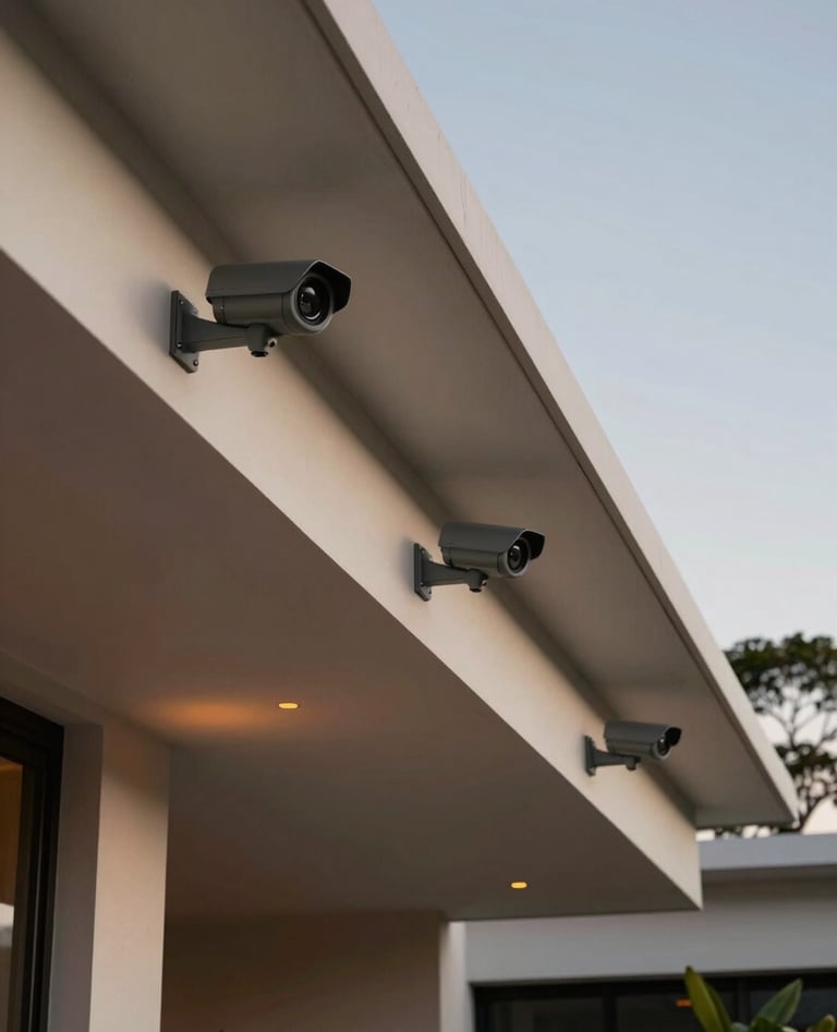 A wide-angle, cinematic shot of a luxury South American / Brazilian residence at dusk. Visible outdoor security cameras in charcoal gray are strategically placed under the off-white eaves, with subtle orange LED indicators.