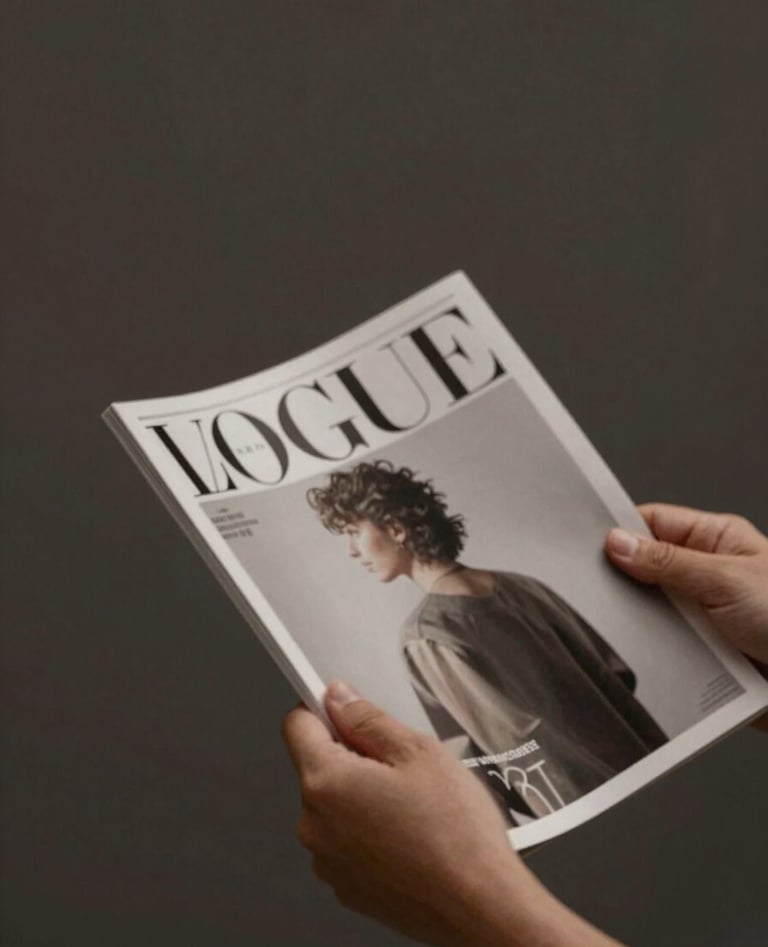 A cinematic shot of a person's hands holding a high-end magazine, motion blur in the background, spontaneous feeling. Lighting is moody and sophisticated, with a color palette emphasizing #3A3F3B and #C1C4BF.