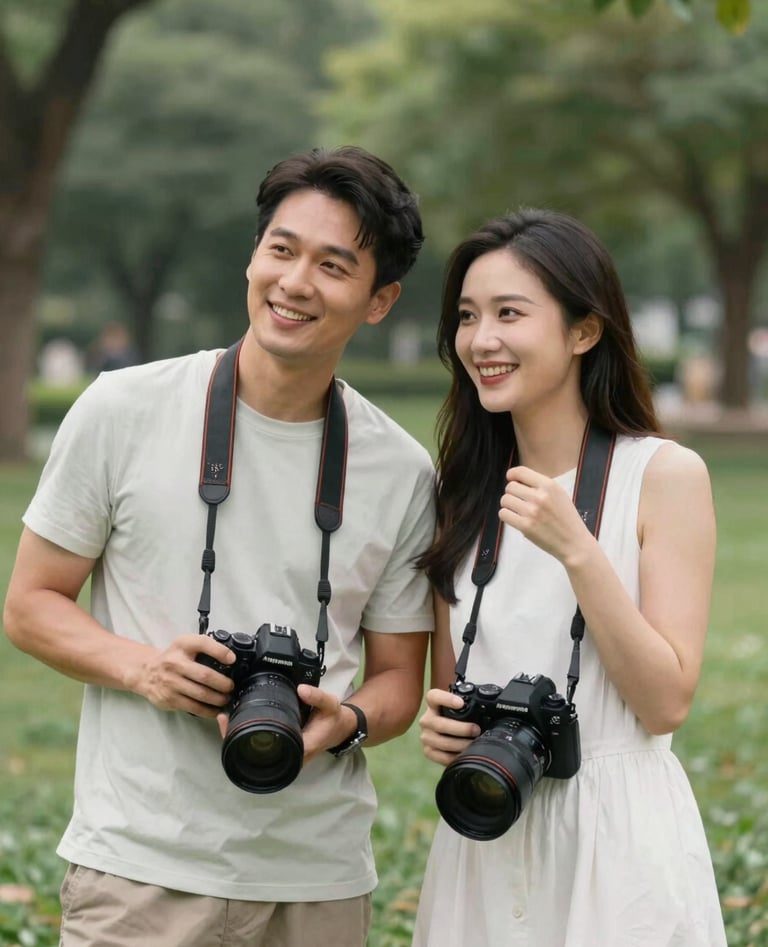 A warm and inviting portrait of a professional photographer couple working together in a North American / US park. They are dressed in soft off-white and sage green tones, holding cameras and smiling, captured in a clean and artistic style.