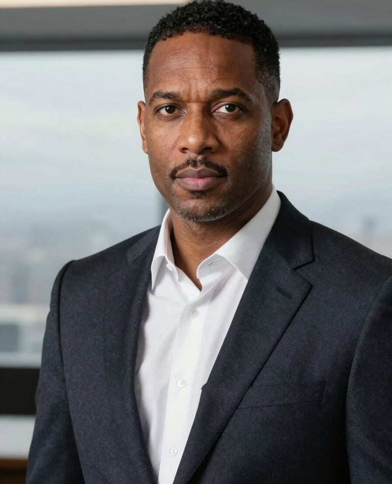 A professional portrait of George Byrd, a man with a focused and intelligent expression. He is wearing a dark charcoal navy suit jacket over a crisp white shirt. The background is a blurred office environment with silver mist and pale arctic sky tones, creating a clean, high-competence corporate look.