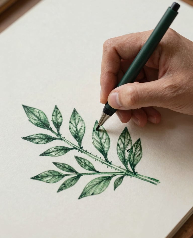 A top-down photograph of an artist's hand using a fine-tipped pen to draw intricate leaf patterns on textured paper. The palette includes dark forest green ink and a creamy off-white background. The scene feels quiet and focused.