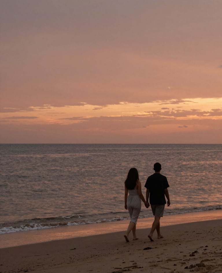 A cinematic shot of a couple walking along a beach at sunset, seen from a distance. The sky is a blend of terracotta and soft sand hues. The water reflects the charcoal tones of the evening light. A sense of movement and authentic storytelling in a sun-drenched environment.