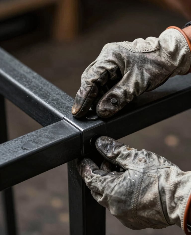 A close-up shot of a craftsman's hands wearing leather gloves, carefully inspecting a charcoal black steel railing. The lighting is dramatic and moody, emphasizing the texture of the metal and the precision of the industrial design.