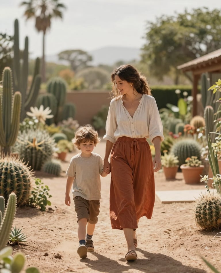 A cinematic, wide shot of a mother and child walking through a sun-drenched Western / Global garden. The style is candid and authentic, with soft focus and a warm palette of terracotta and soft sand.