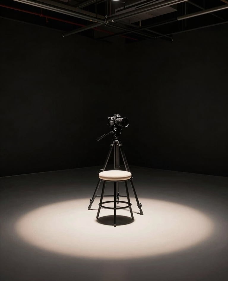 A professional North American photography studio in Buffalo, NY. A camera on a tripod is positioned in a large, dark room with high ceilings. A single spotlight creates a pool of off-white light on a minimalist stool against a deep black background.