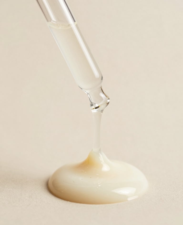 A macro photograph of a single laboratory glass dropper releasing a viscous, milky white serum into a soft neutral beige pool. Professional studio lighting with a clean, clinical feel in a modern North American / US setting. Focus on texture and premium science.