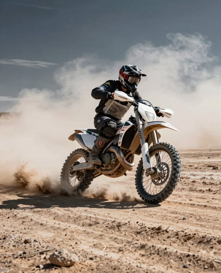 A powerful action shot of a motorcycle kicking up dust on a dry lake bed in a Global / Western desert. The color palette is dominated by soft white dust clouds and dark charcoal shadows. Edgy, high-contrast photography style.