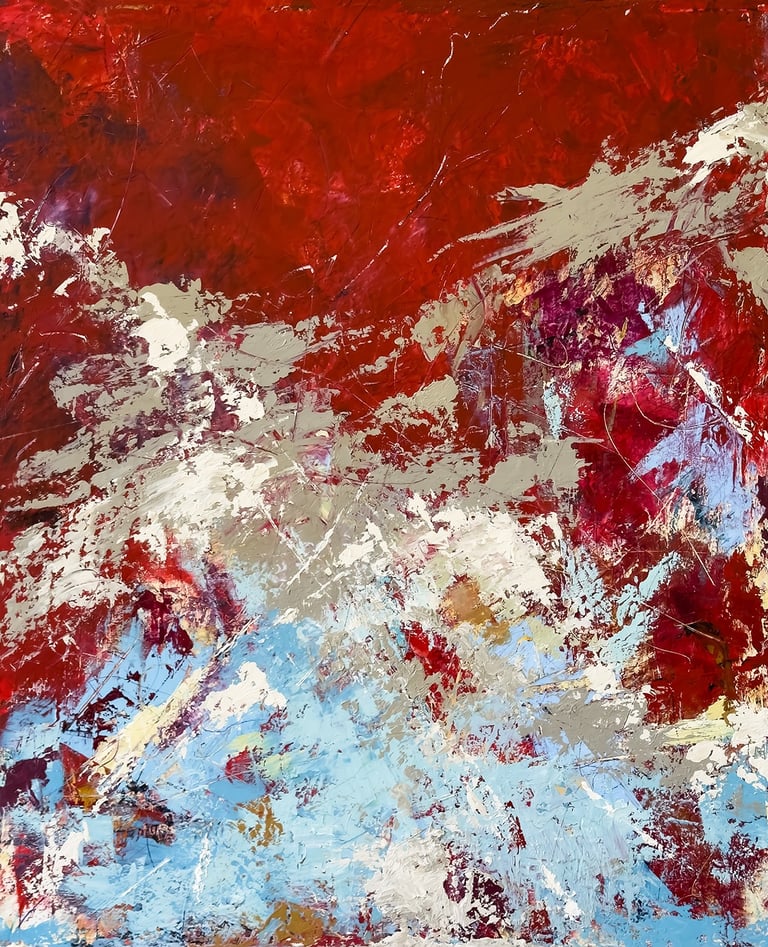 Bright red, soft blue, and chromatic grey in a painting emphasizing upward movement.