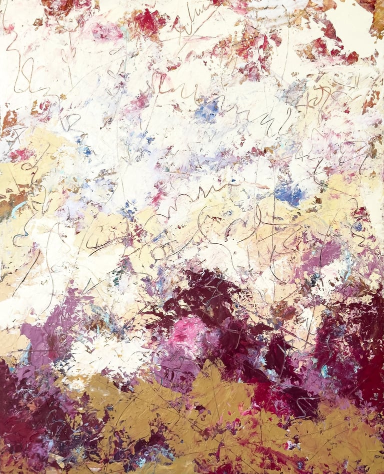 Non-objective painting featuring layers of color becoming lighter in color from top to bottom.