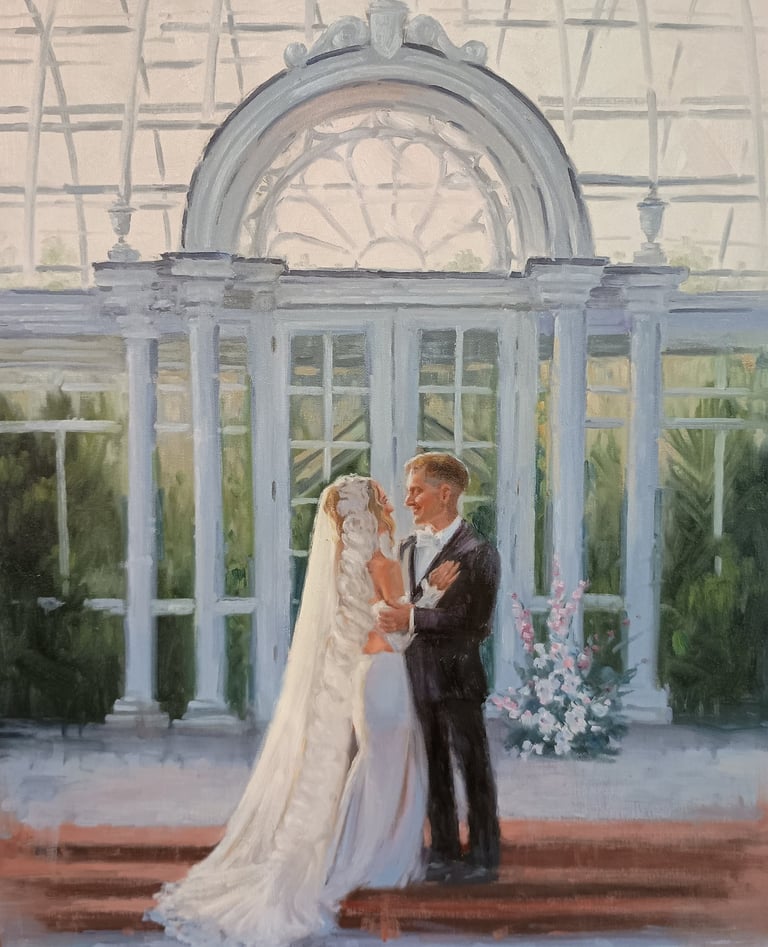 live wedding painting in Reynolda Barn Village, Winston-Salem, first look painting, wedding ceremony