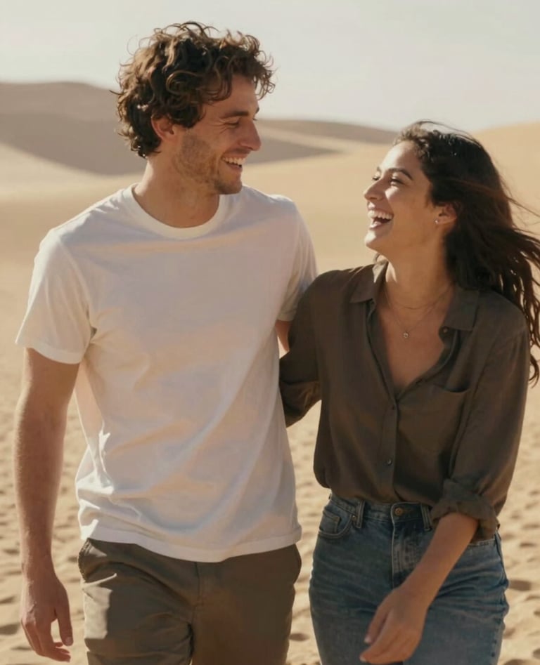 A cinematic, authentic portrait of a couple laughing together against a backdrop of soft sandy hills (#FDF8F0). Warm, sunny lighting, spontaneous movement, and a welcoming, intimate mood. Earthy tones throughout.
