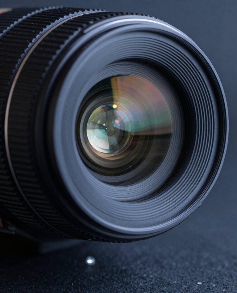 A sharp, detailed close-up of a premium camera lens front element, showing intricate glass coatings and light refraction. The style is professional and clean, using a dark blue-gray palette.