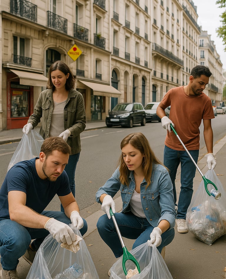 action collective de ramassage dans la rue pour la journée mondiale du nettoyage.