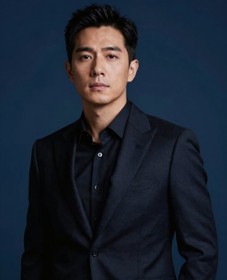 An elegant portrait of Lyan Galindo, looking sophisticated in a dark tailored suit. The lighting is dramatic, high-contrast, casting a warm glow on one side of his face while the other remains in shadow. The background is a deep #1A2D3A blue, conveying emotional depth.