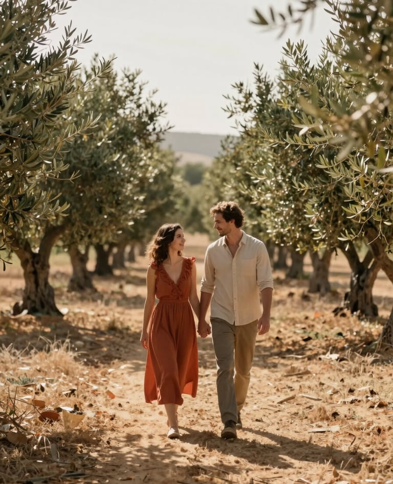 A wide, cinematic shot of a couple walking through a sun-drenched olive grove. The lighting is warm and hazy, casting long shadows. They are holding hands, looking at each other naturally. The palette features earthy terracotta and soft sand colors.
