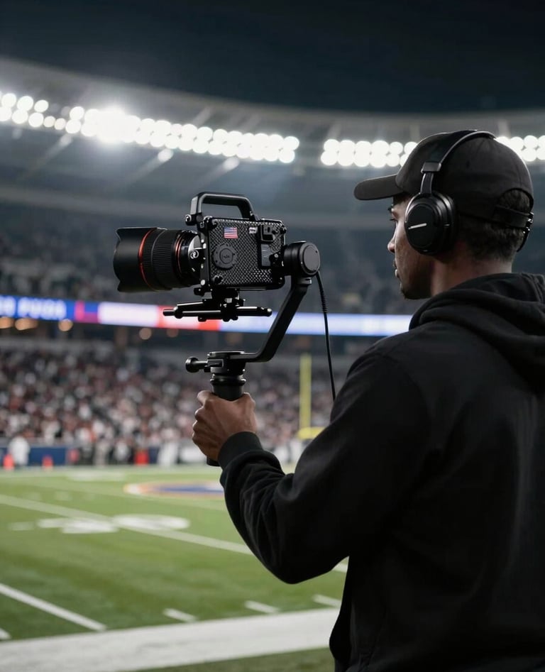 A professional sports videographer silhouetted against the bright lights of a modern American football stadium at night, holding a sleek carbon-fiber gimbal setup, North American / US setting.