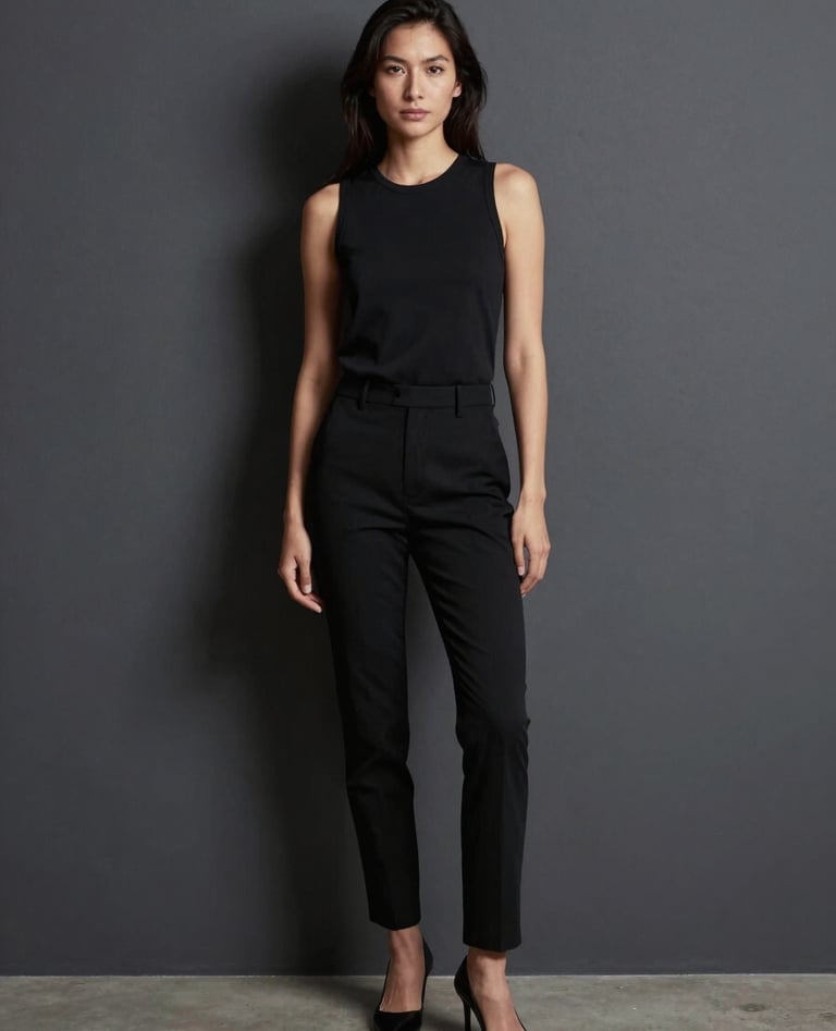 High-fashion portrait photography in a minimalist South American studio. A professional standing against a deep charcoal gray wall with soft shadows. Sophisticated, serene lighting and a clean, modern composition.