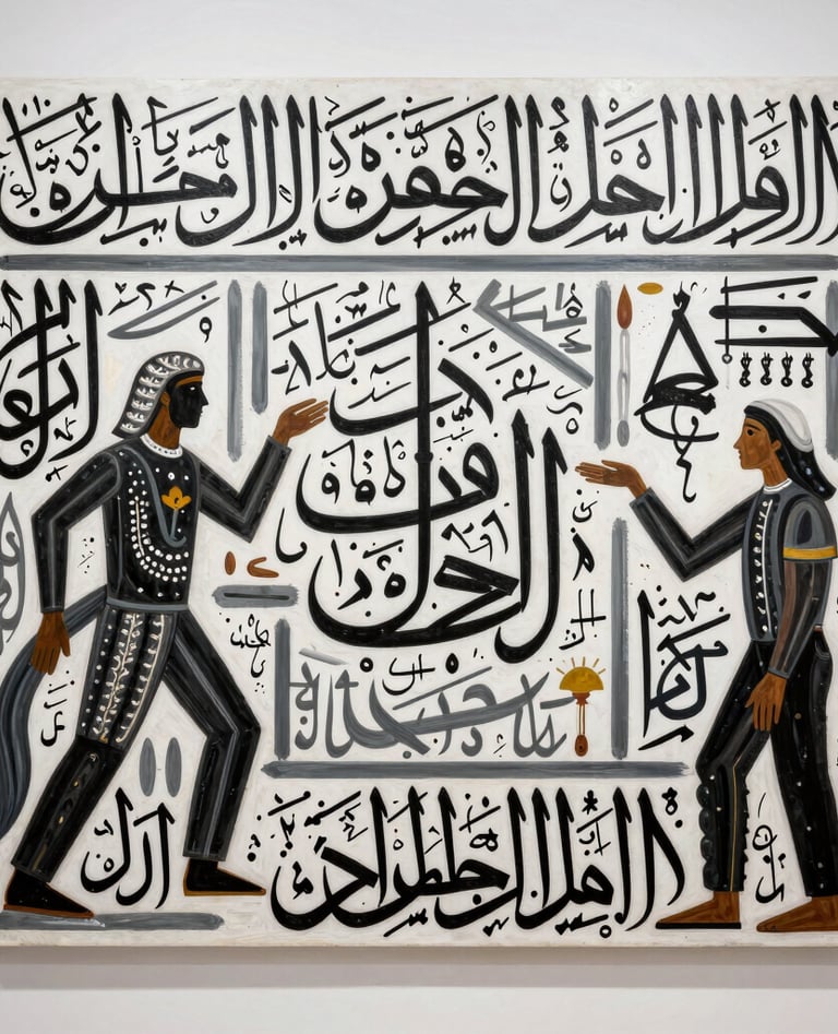 A large-scale, immersive artwork by Khaled Tirikli. The painting shows a vibrant fusion of traditional Arabic calligraphy and modern figurative art. The background is a clean white, emphasizing the bold black and grey strokes.