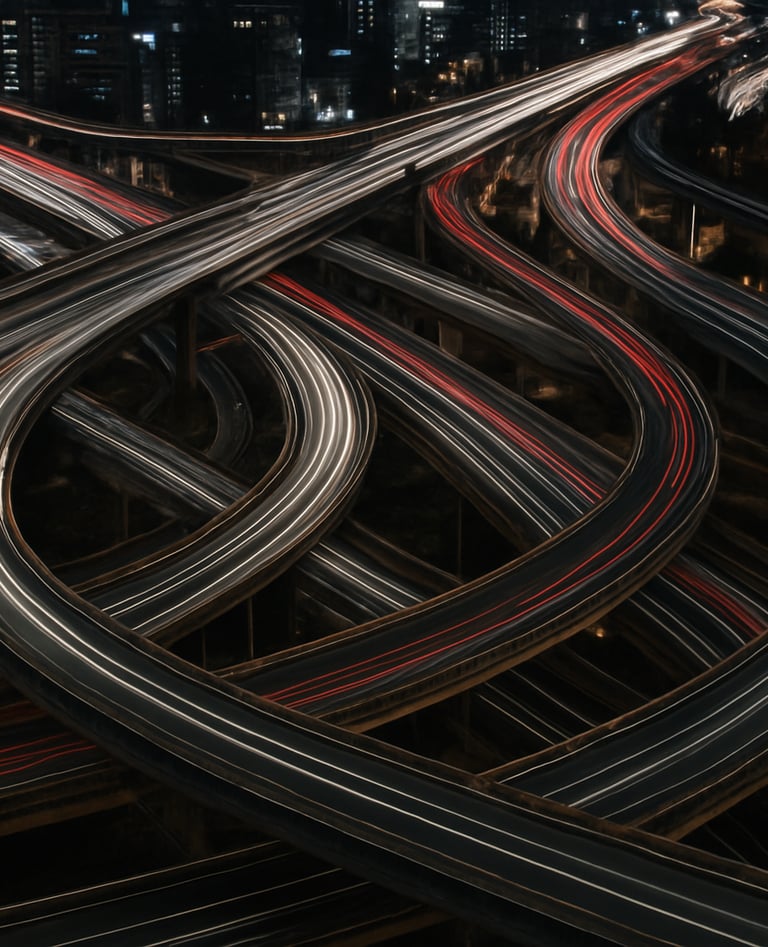 A high-altitude drone photograph of a complex highway interchange in an East Asian / Korean urban center at night. Car headlights create long white and red light trails against deep charcoal asphalt.