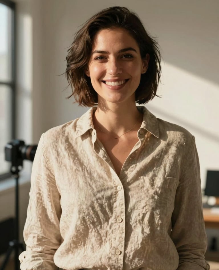 A friendly candid portrait of a female photographer smiling, standing in a sun-lit North American / US studio. She is wearing a Soft Sand colored linen shirt. The lighting is warm and cinematic, reflecting a professional but approachable mood.