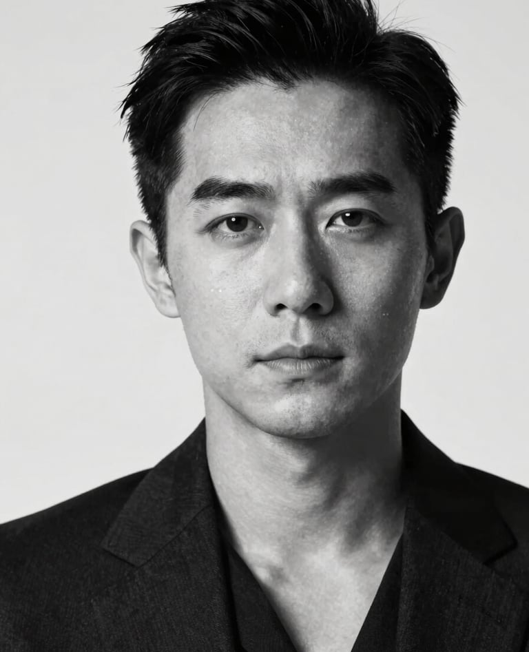 A striking black and white portrait of a professional actor in a dark suit. High contrast lighting using #F5F5F5 and #0F0F0F. Sharp focus on the eyes, cinematic grain, minimalist background. The composition is elegant and authoritative.
