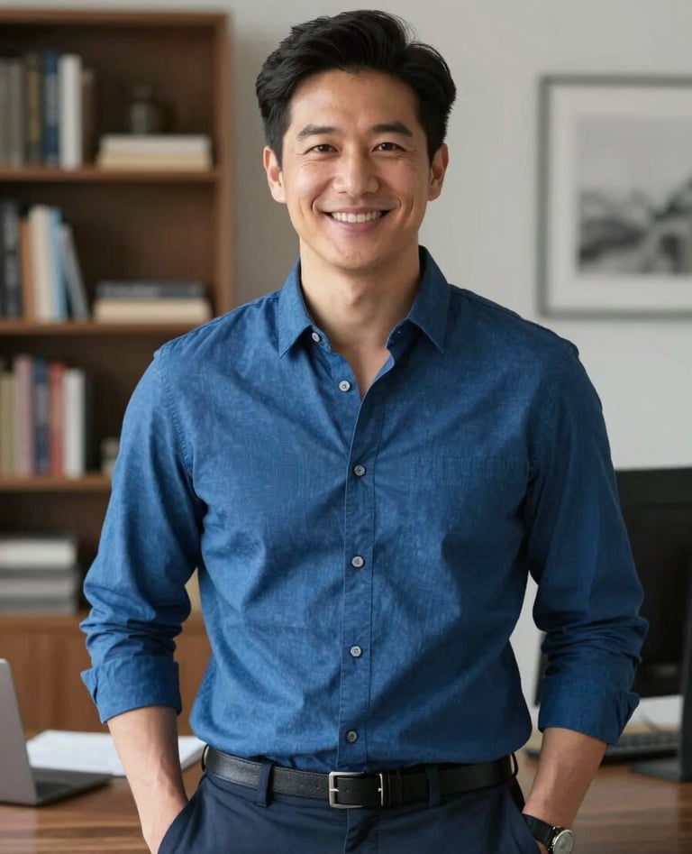 A professional portrait of a designer in a modern North American / US home office, wearing smart-casual Steel Blue attire, smiling confidently, with a blurred background of a bookshelf.