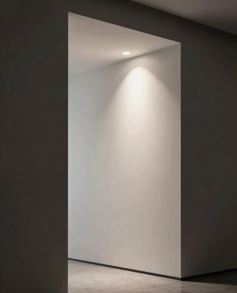 A vertical composition showing a modern, minimalist interior with clean lines and a single spotlight. The lighting creates deep shadows in dark charcoal and soft highlights in off-white, exuding a professional and sophisticated mood.