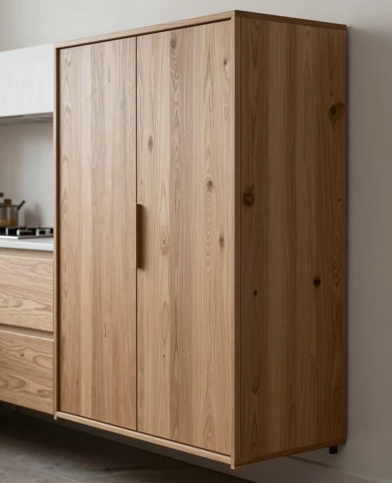 A professional photography shot of a custom-designed, minimalist oak cabinet integrated into a modern Northern European kitchen. The lighting is soft and natural, emphasizing the precision of the joinery and the elegant textures.
