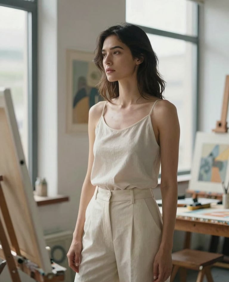 A refined portrait of a female artist in a sun-drenched North American studio. She is dressed in contemporary, minimalist attire in cream and taupe. She stands thoughtfully by a large window with her artwork in the background.