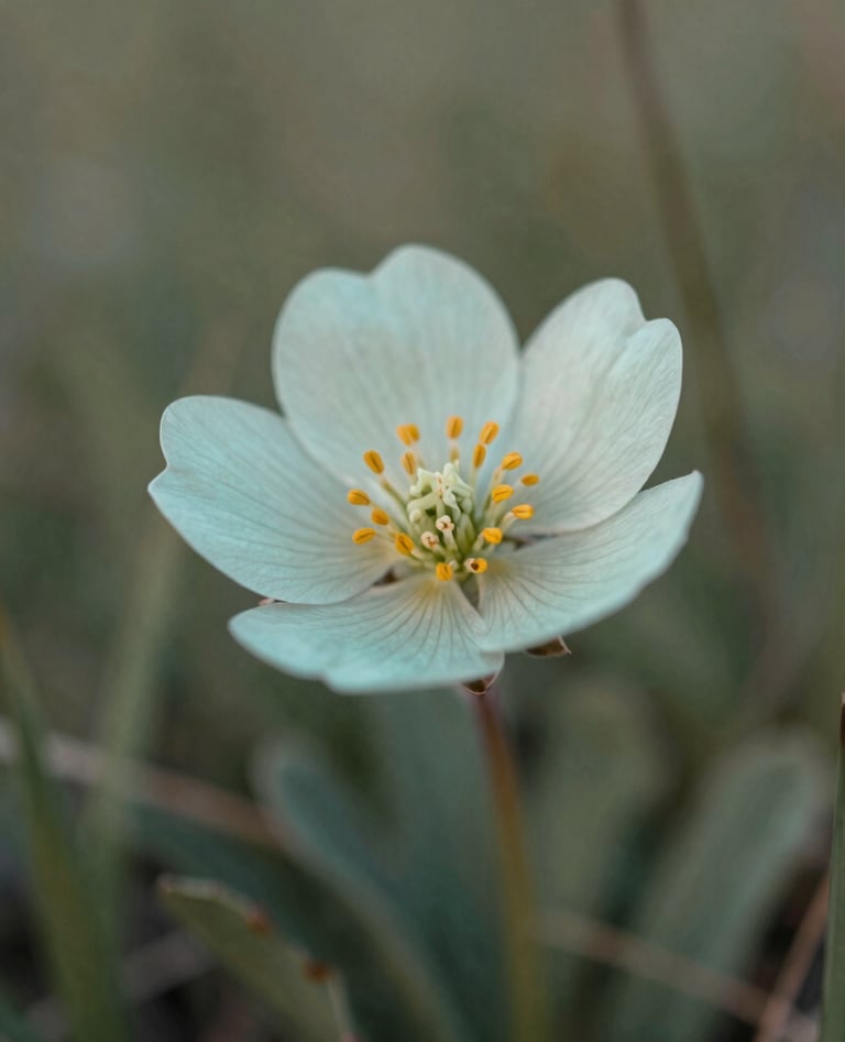 A macro photography shot of a single wildflower catching the morning light in a North American alpine meadow. The palette is composed of pale mint and sage green with hints of muted bronze. The style is modern, sharp, and serene, focusing on the intricate beauty of the flora.