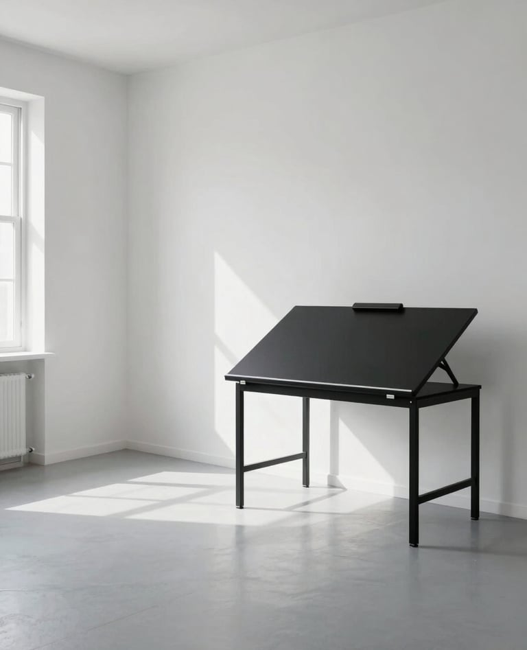 A wide-angle photograph of a serene, minimalist artist studio. The room is filled with soft natural light reflecting off white walls and a pale gray floor. Minimalist furniture including a black drafting table is positioned against a clean wall. North American / European studio setting, sophisticated and calm mood.