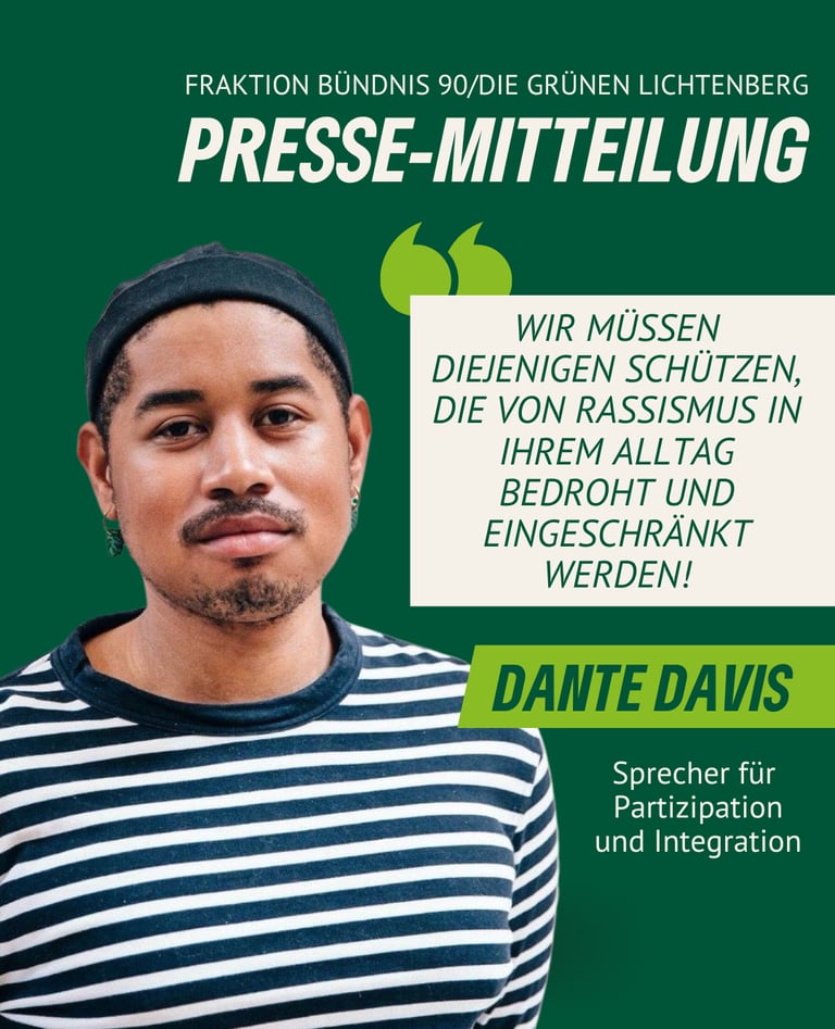 Bild eines Zitats für eine Pressemitteilung, daneben ein Foto von Dante Davies mit ernstem Gesicht.