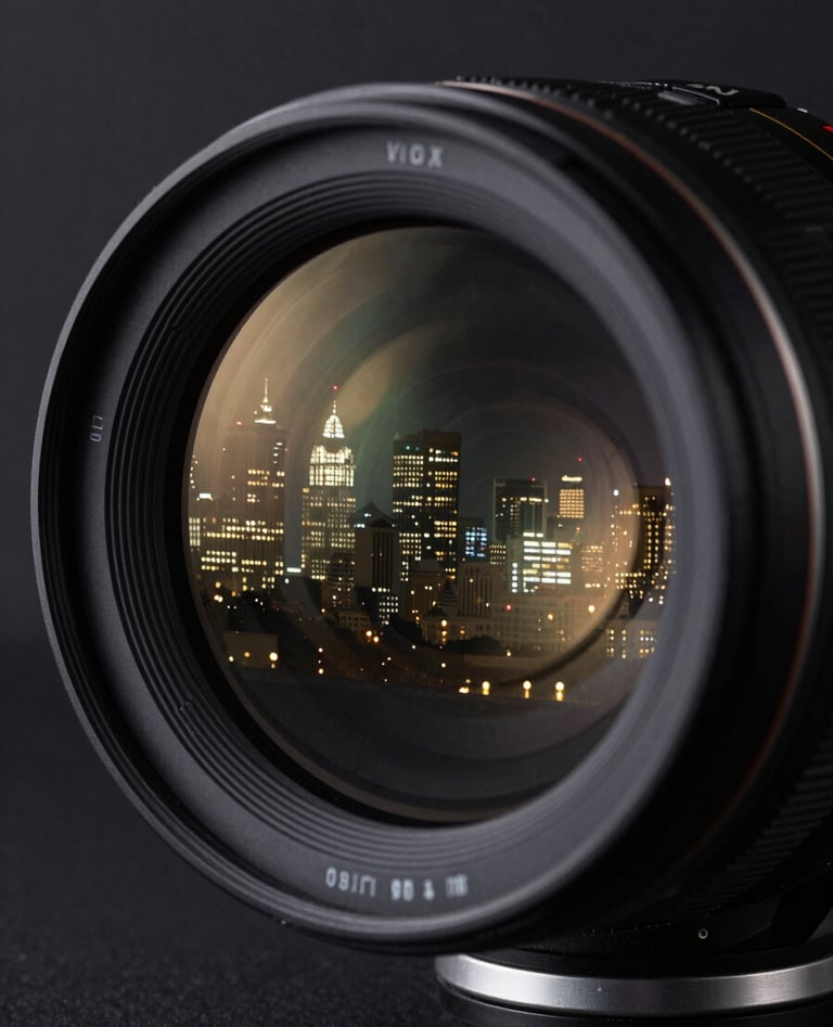 A close-up, artistic shot of a high-end cinema lens reflecting a North American / US skyline at night. The image exudes a premium feel with deep black, charcoal grey, and subtle muted gold light flares.