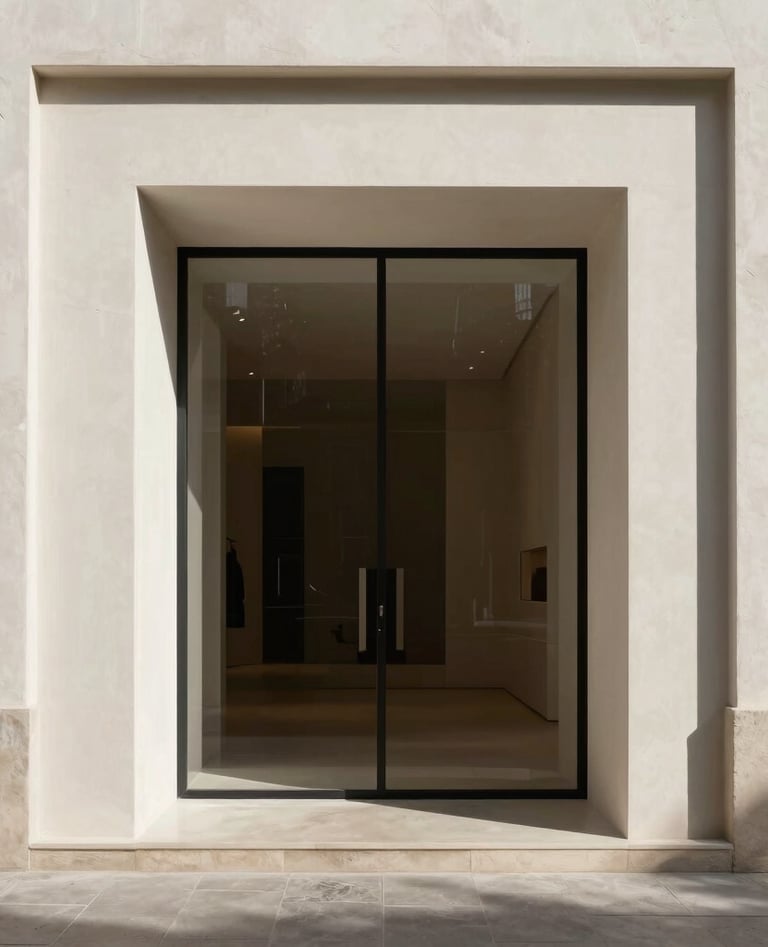 A square, high-end architectural shot of a minimalist Spanish gallery entrance. Deep shadows and off-white highlights, focusing on geometric lines and a sophisticated atmosphere.