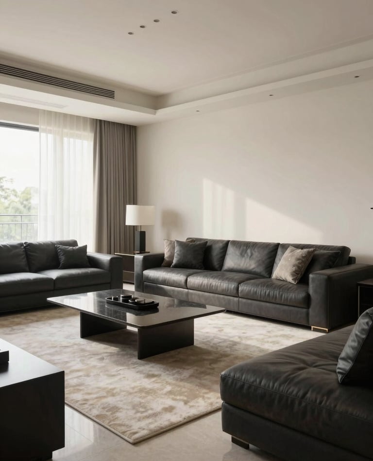 Wide-angle photography of a luxury Brazilian living room designed with clean lines and sophisticated furniture. Soft morning light fills the room, highlighting off-white walls and charcoal decor elements. The composition is balanced, inviting, and professional.
