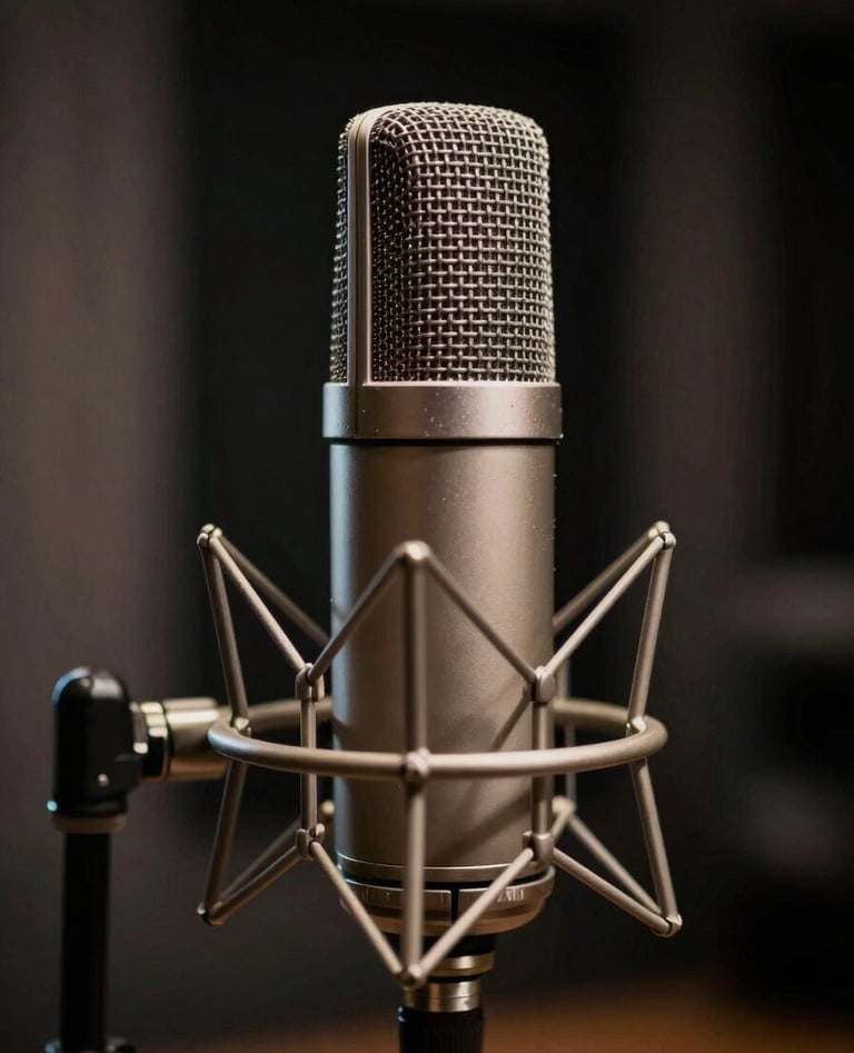 A close-up of a professional condenser microphone in a dark, moody recording studio in a North American city. Soft cinematic lighting highlights the metallic textures against a deep black and charcoal background.